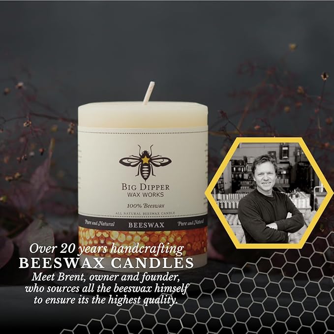 Big Dipper Wax Works Ivory Beeswax Pillar Candle 3" x 3.5" – 60-Hour Burn, Non-Toxic & Clean Burning, Pure Beeswax, Handmade in USA