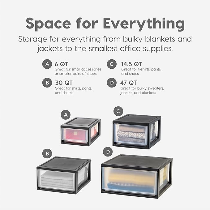 IRIS USA 6 Qt. Small Plastic Stacking Drawer, Stackable Storage Organizer Unit with Sliding Drawer for Bedroom Kitchen Under Sink Pantry Craft Room Dorm Office, Black, 4-Pack