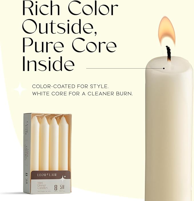 Leor & Lair Ivory Candlesticks – Pack of 8 Small Candle Sticks – 6 Inch Taper Candles with Cotton Wick – 5 Hour Burn Cream Taper Candles for Events, Holiday & Home Décor