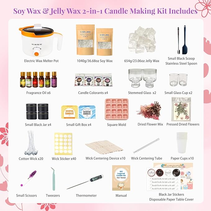 Soy Wax & Jelly Wax 2-in-1 Candle Making Kit – Complete DIY Candle Making Kit with Wax Melting Pot, 6 Scents, 4 Colors & Tools – Create Hands-On Memories, Crafted for Hobbyists & Personalized Gifting