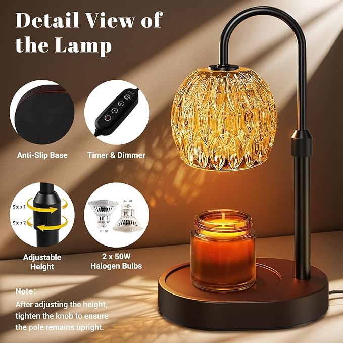 Candle Warmer Lamp with Timer Dimmer,Adjustable Height Wax Melting Lamp for Jar Candles, Aesthetic Vintage Home Decor for New House Warming, Gift for Women Birthday Valentine's Day(Black)