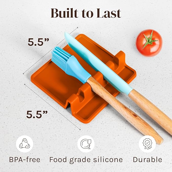 Cooler Kitchen Orange Silicone Spoon Rest for Stove Top with Drip Pad (Two Pack) - Heat Resistant BPA Free Utensil Rest & Spoon Holder for Kitchen Counter - Grill Utensil Holder - Spatula Holder