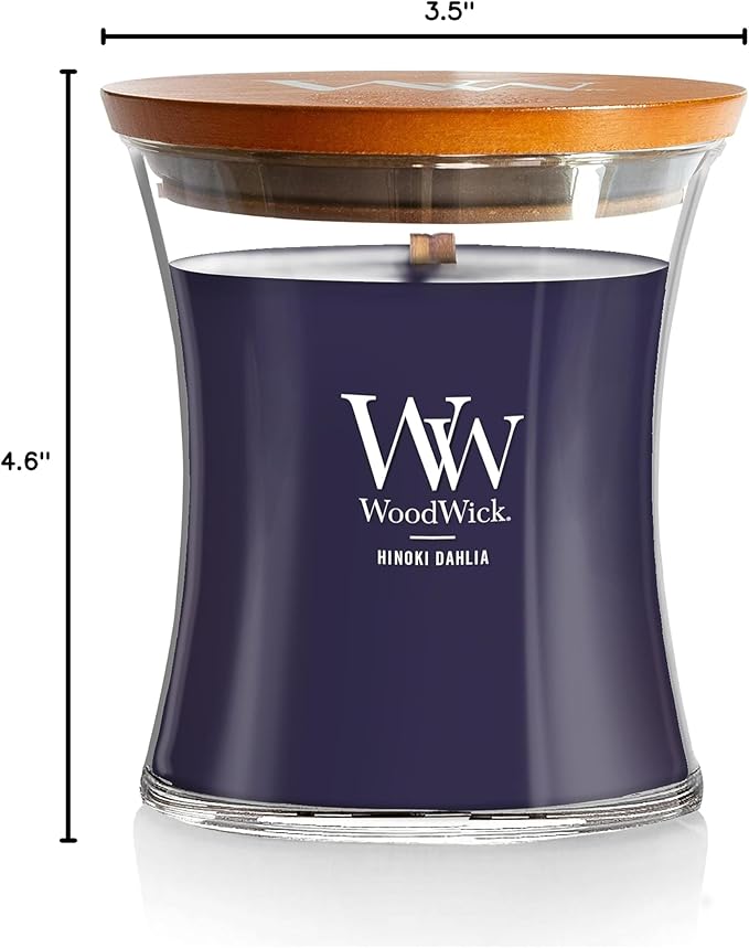 WoodWick Medium Hourglass Candle Hinoki Dahlia - Premium Soy Blend Wax Pluswick Innovation Wood Wick Made in USA