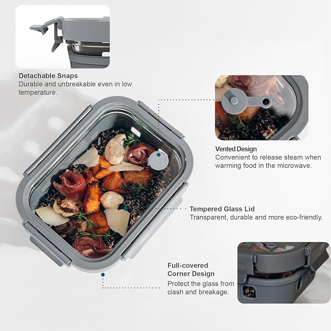GENICOOK Glass Food Storage Containers With Glass Lids Bento Box Set Lunch Box Eco Friendly Meal Prep Containers Airtight – Plastic Free, Silicon Sleeve Bpa Free 4.4cup/ 5 * 1050ml