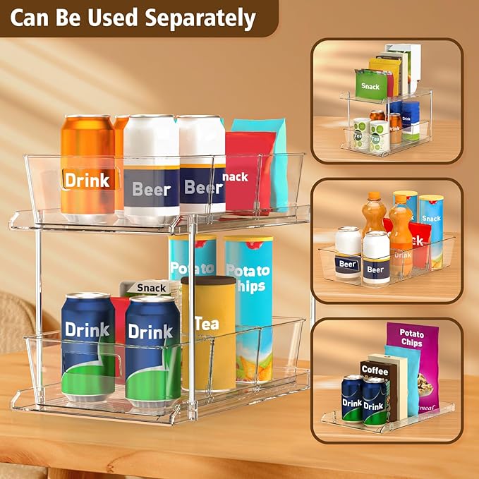 Fabspace 3-Pack Pull-Out Home Organizers, 2 Tier Clear Bathroom Organizer with Dividers, Multipurpose Vanity Counter Tray, Kitchen, Closet Organizers and Storage Container Bins for Cabinet, Pantry