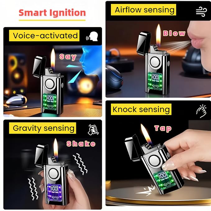 Smart Voice-Activated Lighter - 3 Flames (Blue Torch, Soft Flame & Dual Arc) - Windproof Refillable & Rechargeable Butane Lighters with Multiple Ignition Methods (Without Fuel) (Silver Sand)