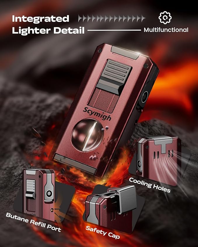 5-in-1 Torch Lighter with Straight & V Cut Cutter, Punch, Holder, Double Jet Flame Windproof Lighters, Butane Refillable Torch Lighters with Accessories Tool, for Men, Candles(Without Gas)