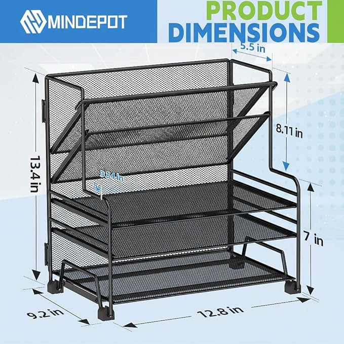 MINDEPOT 4-Tier Paper Organizer + 3-Pocket File Holder, Desktop File Organizers Paper Tray for Office School Classroom Workspace Organization (Black Desk Organizer, No Drawer & No Pen Holder)