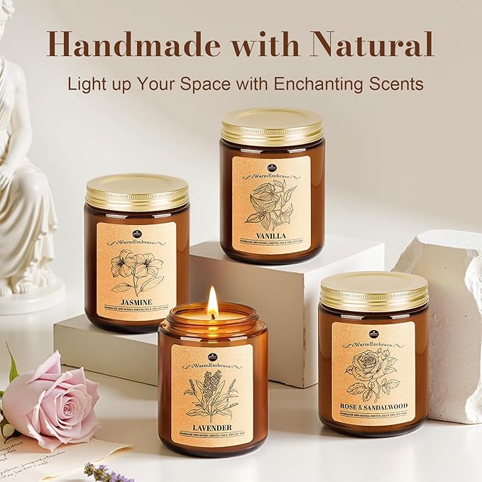 WarmEmbrace Lavender Candles, 4-Pack Scented Candle Set for Women, 7.6 oz Natural Organic Soy Wax in Glass Jar, 160 Hours Long-Lasting Burn, Perfect for Christmas Friend Birthday Gifting (4 Fragrance)
