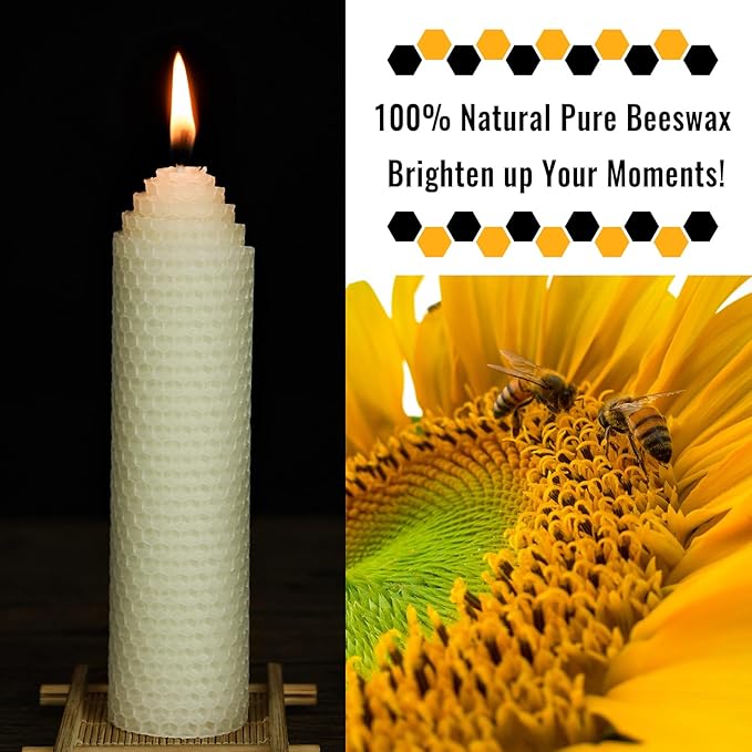 White Beeswax Pillar Candles Set of 2 - Handmade Pure Beeswax Rolled Candles for Gift & Home Decor (1.5×6 in)