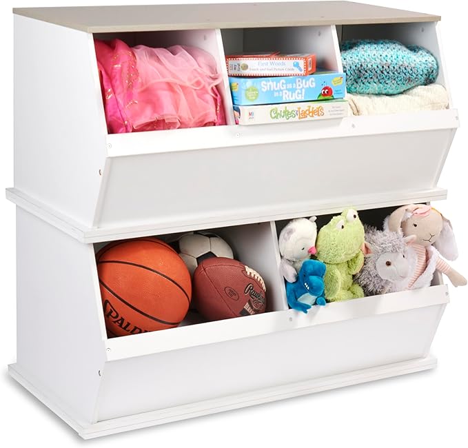 Badger Basket 3-Bin Stackable Toy Storage Cubby Organizer, Modular Space-Saving Storage for Toys, Blankets, Crafts, Playroom, Bedroom, or Living Room – White & Light Gray