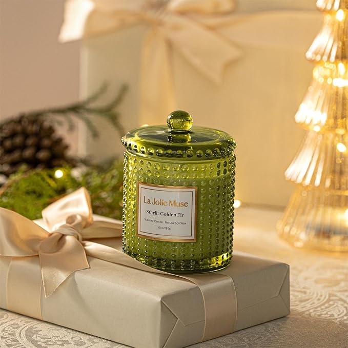LA JOLIE MUSE Starlit Golden Fir Candle - Cedarwood, Patchouli, Fir Balsam | 10 oz Natural Soy Wax | 55 Hours Clean Burn | Fresh Scent Candles | Gift-Ready for Hosts & Gatherings