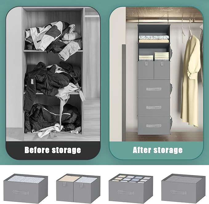 6-Shelves Hanging Closet Organizer with 5 Different Drawers, Foldable Closet Organizers and Storage for Wardrobe, Closet& RV, Clothes and Accessories Storage, Non-Woven Fabric, Gray