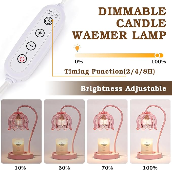 Funistree Pink Candle Warmer Lamp with Timer Dimmable,Lily of The Valley Candle Lamp Warmer, Mothers Day Birthday Gift Idea for Women Her Mom Who Have Everything, Wax Warmer for Jar Candles