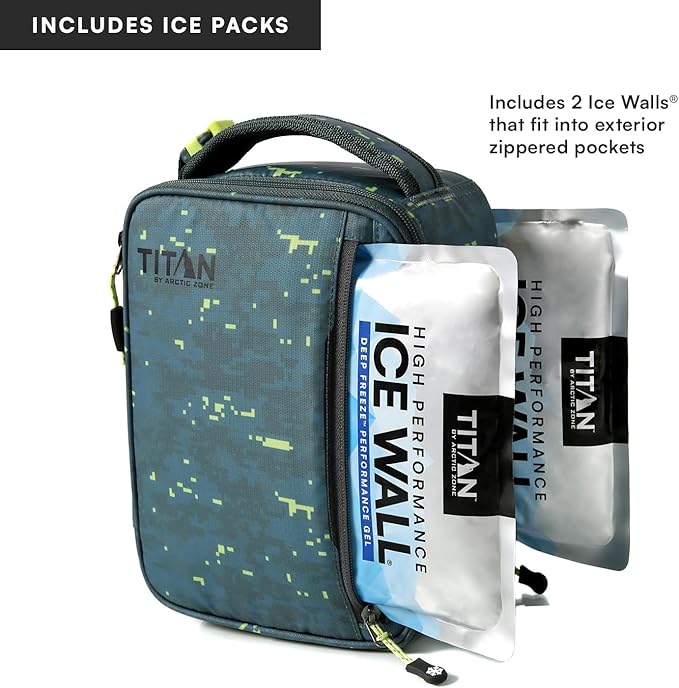 Titan by Arctic Zone Fridge Cold Lunch Box with 2 Gel Ice Packs, Small Insulated Cooler Bag with Leak Proof Lining for School and Work, Pixel Camo