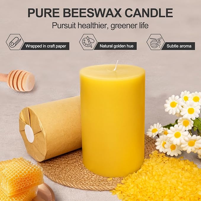 Beeswax Pillar Candles, 2 Pack Natural Pure Bees Wax Candles for Home, Mothers Day Gifts, 180 Hours Long Burning Emergency Candle, Large 3"x5" Unscented Candles for Wedding Christmas Valentines Day