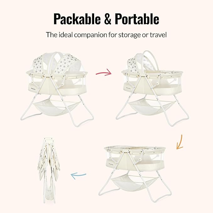 Dream On Me Karley Bassinet, Award Winner Lightweight Travel Baby Bassinet, Foldable Bedside Sleeper, Adjustable Double Canopy, Spacious Design, Soft Fabric, Storage Basket – French White