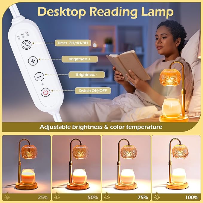 LOFTEK Candle Warmer Lamp with Timer - Dimmable - Adjustable Height, Electric Wax Melt Warmer Lamp with 2 Bulbs for Scente, Jar Candles, Vintage Home Room Decor, Warming Gift for Women, Gold Flower