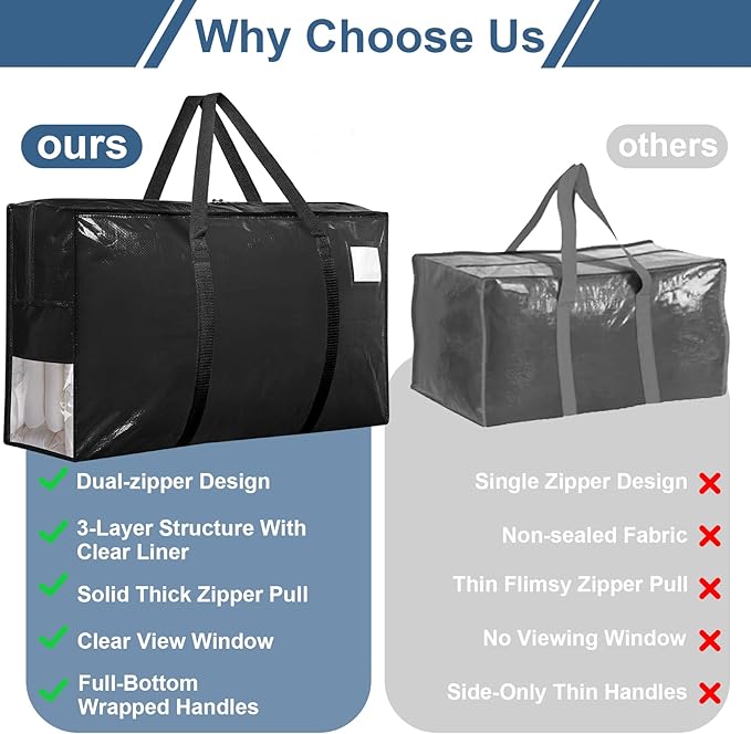 3Pcs Extra Large Heavy Duty Moving Bags with Reinforced Zippers & Handles, 67L Waterproof Storage Tote Bag Bins Alternative to Box Moving Supplies Space Saving for Travel College Dorm Essentials Black