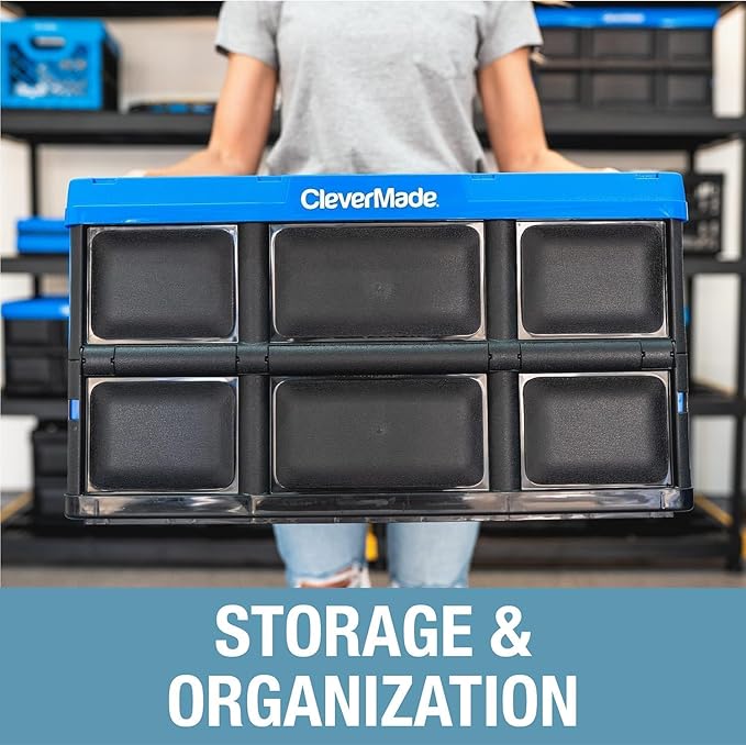 CleverMade Collapsible Storage Bins 32L 3 Pack – Heavy Duty Foldable Storage Bins with Built-In Handles for Garage Storage and Home Organization - Ocean