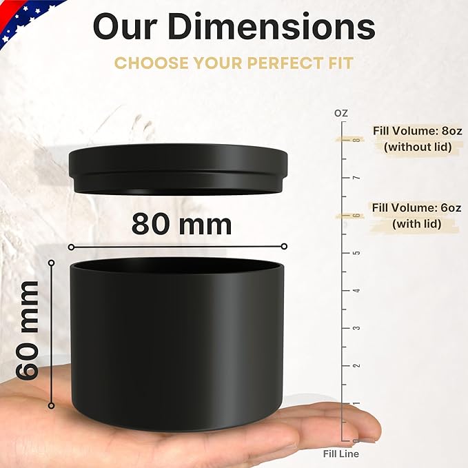 Tins for Making Candles - 24 Pack of 8 oz Black Candle Containers Bulk 8oz - Empty tins with lids for Candles - Premium Metal Jars, DIY Vessels | Painted Outside and Inside | Matte Black