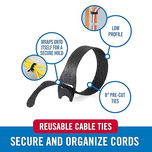 VELCRO Brand 150pk Cable Ties Value Pack, 8in | Gifts for Tech Lovers | For Wire Management and Cord Organizer | Replace Zip Ties with Reusable Straps, Reduce Waste