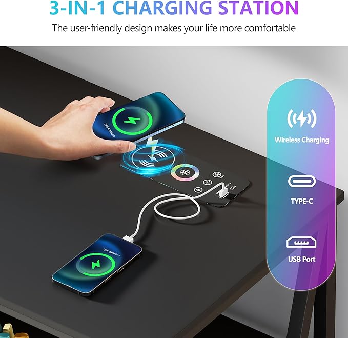 Lvifur RGB TV Stand up to 65''Televisions, TV Console Table with Wireless Charging Station,Entertainment Center with Human Body Sensor and Storage Shelves for Living Room，Bedroom(Black)
