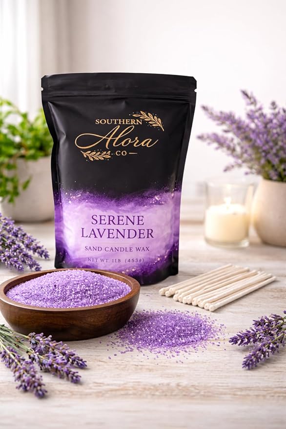 Candle Sand Wax 1 LB – Southern Alora Sand Candles with Wicks – Wax Beads with 10 Cotton Wicks – Refillable DIY Candle Kit for Wedding Centerpieces, Table Decor & Home Decor – Lavender Serenity