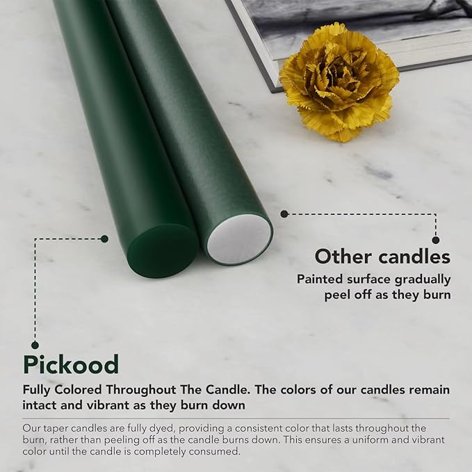 12-Inch Tall Dripless Taper Candles Set of 4 - Dark Green Tapered Candles, Perfect for Christmas - Smokeless, Unscented, Long Burning - Hand Poured, Colored Tall Candlesticks - Hunter Green