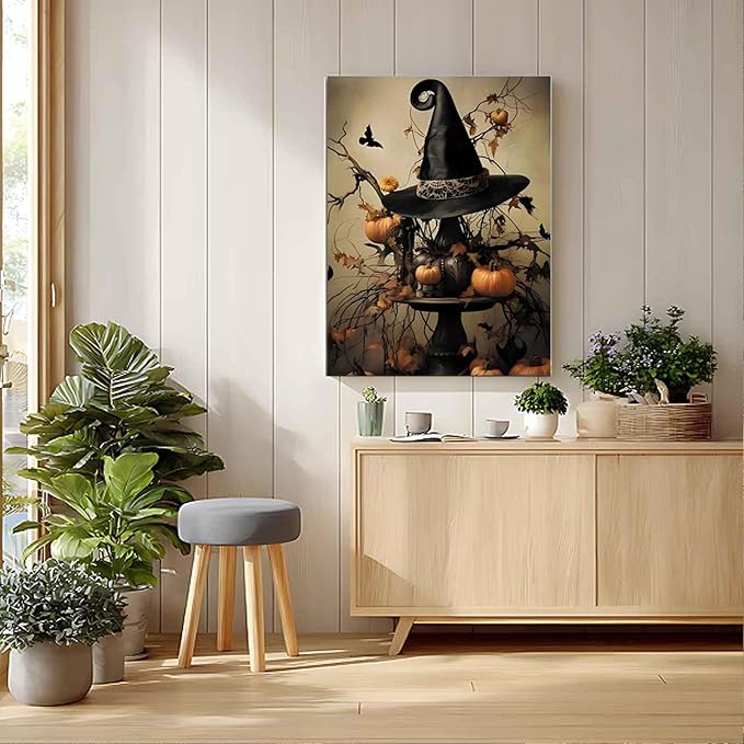 Halloween Witch Hat & Pumpkins Decor Paint by Numbers for Adults, Spooky Fall DIY Painting Kit, Gothic Wall Decor 24 Colors 16x20 inch Framed