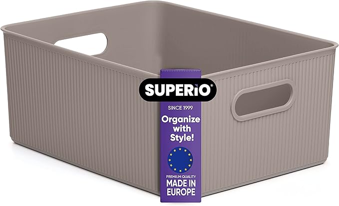 Superio Ribbed Collection - Decorative Plastic Basket Open Home Storage Bins Organizer, Large Taupe (1 Pack) Container Boxes for Organizing Closet Storage Bins for Shelves 15 Liter/16 Quart