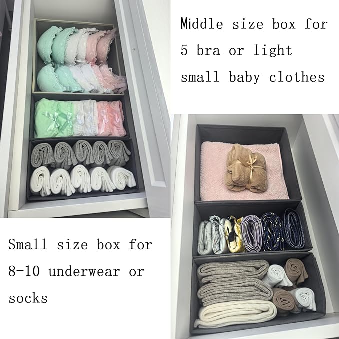 Drawer Organizer Set of 4 Light Grey - Fabric Storage Bins for Clothes, Underwear, Socks & Bras - 11" Dresser Dividers for Bedroom Closet