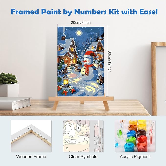 MOGTAA Christmas Paint by Numbers Kit for Adults Beginners with Frame, Snowman Adult Paint by Number Kits on Canvas with Easel, Easy DIY Landscape Oil Painting Kits for Home Decor, 8x12in