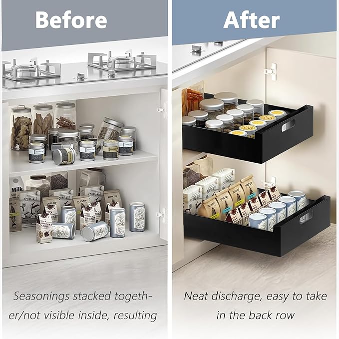 bealy 21'' Deep Cabinet Organizer Adhesive, 10'' Wide Pull Out Cabinet Organizer for Face Frame or Frameless Cabinets, Roll Out Shelves for Kitchen Cabinets, Pantry Shelves, Bathroom, 2 Pack