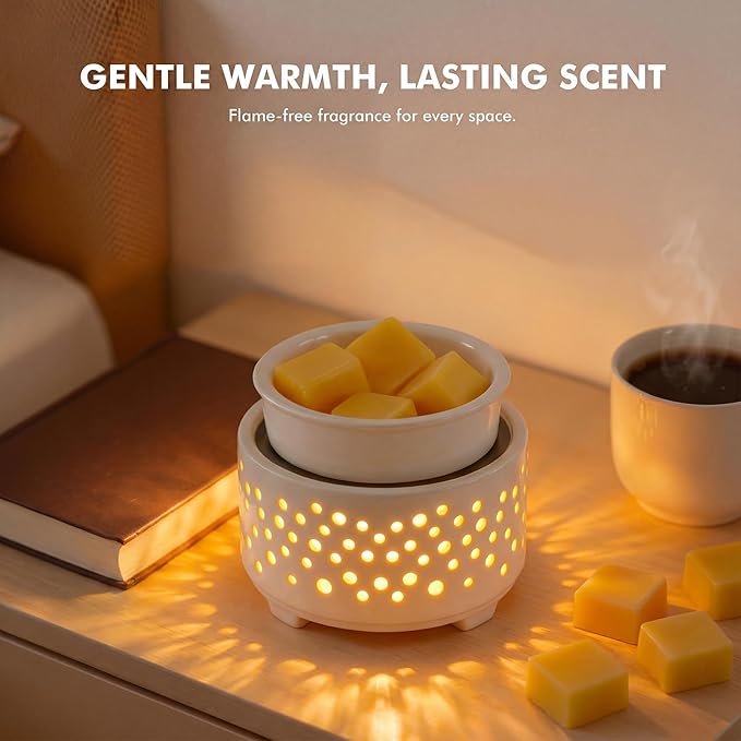 EQUSUPRO Ceramic Wax Melts Warmer–Electric Candle Wax Warmer for Scented Wax PTC Heating 4-in-1 Night Light Electric Wax Burner Fragrance Wax Melter for Home Office Decor & Gift (Hollow-Out)