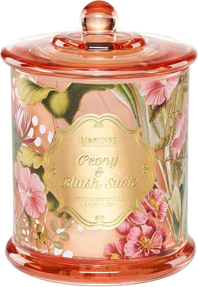 M&SENSE Peony Candles Home Scented, Organic Soy Candle 12.7oz 75 Hour Long Lasting Slow Burning, Spring Floral Fragrant Relaxing Aromatherapy Candle, Aaesthetic Candle Gift for Women