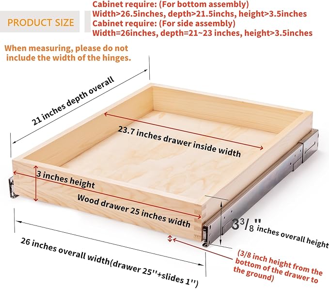 26''W x 21''D x 3''H Pull Out Cabinet Drawer Soft Close Slide Out Wood Organizer for Kitchen, Finished, Bottom and Side Assembly (Wood Drawer Part Width is 25inch)