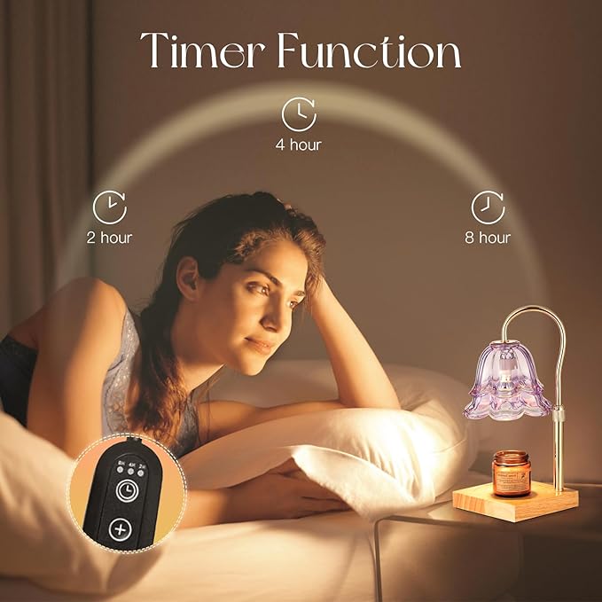 Candeldo Candle Warmer Lamp with Timer: Purple Flower Candle Warming Lamp with 2 Bulbs Height Adjustable Wax Warmer Dimmable Bedroom Decor Mothers Day Gift for Women