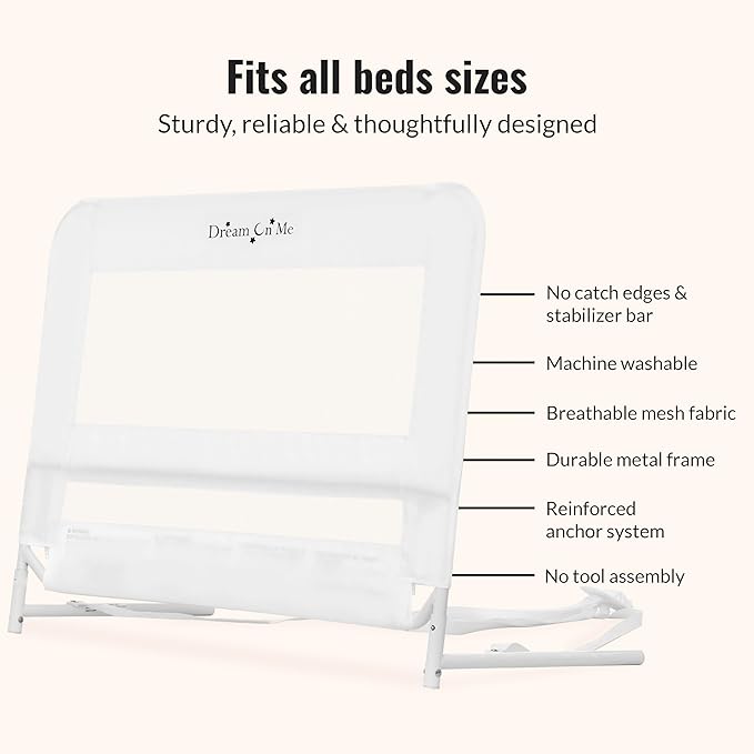 Dream On Me Lightweight Mesh Security Adjustable Bed Rail for Toddler, Breathable Mesh Fabric, Suitable for All Types Of Beds, Reinforced Anchor System Bed Guard Rail, White
