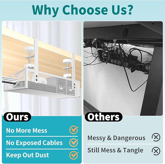Under Desk Cable Management Tray White, No Drill Desk Cable Management Organizer with Clamp for Desk Wire Management, PC Cord Organizer Accessories & Workspace Organizers for Office, Home
