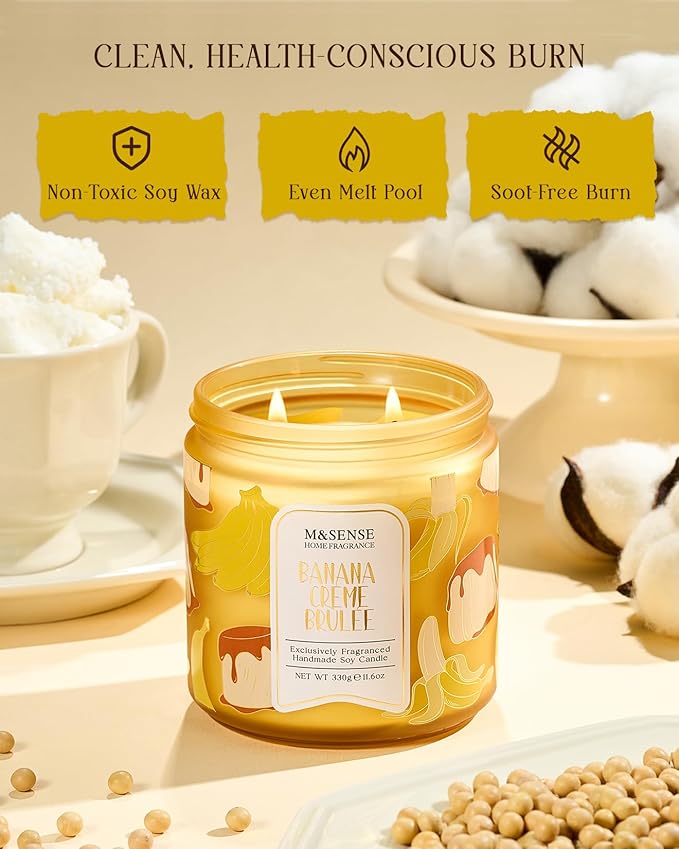 M&SENSE Banana Crème Brûlée Scented Candle, 11.6oz Natural Soy Wax, 70 Hours Long Lasting Clean Burn, Holiday Jar Candle for Home Decor, Non-Toxic Relaxing Aromatherapy Gifts for Women