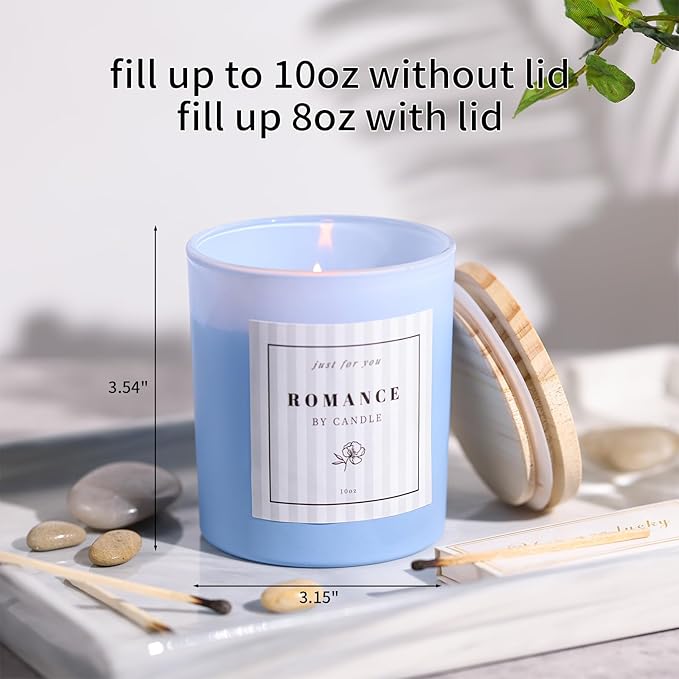 REISEN 12Pcs Assorted Blue Candle Jars, 10oz Glass Candle Containers for DIY Gifts and Storage, Frosted Blue Glass Jars with Bamboo Lids and Labels