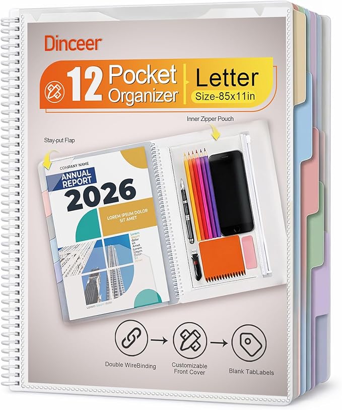 12 Pocket Project Organizer Folder by Dinceer, Letter Size Expandable File Organizer with 6 Color Dividers, Quick View Clear Cover Pocket, Inner Zipper Pouch, Heavy Duty Plastic