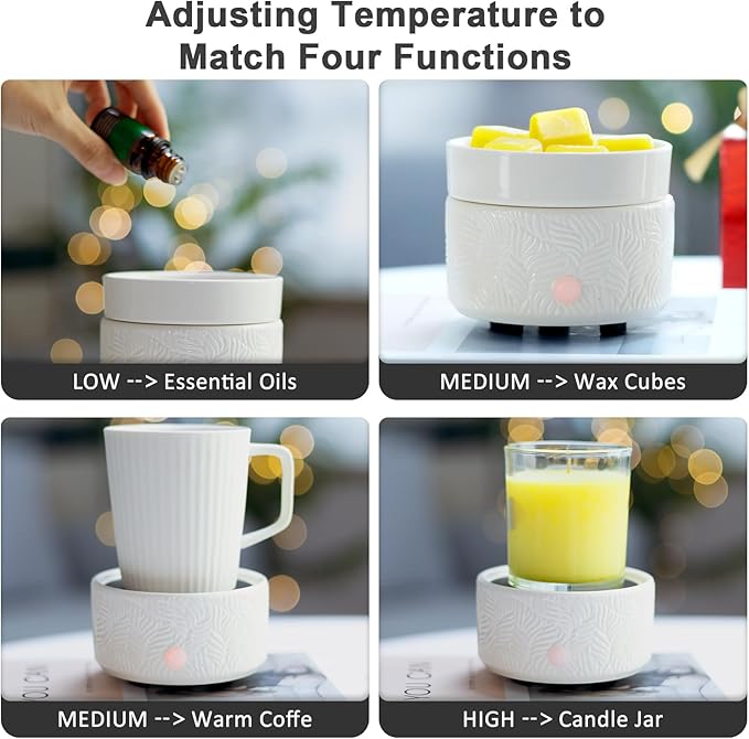 Candle Wax Melts Warmer Burner - Ceramic Essential Oil Warmer 3-in-1 candle warmer Timer Adjust Fragrance Intensity Auto Shut Off for Scented Wax Tart Cube Aromatherapy Home Office Bedroom Decor Gifts
