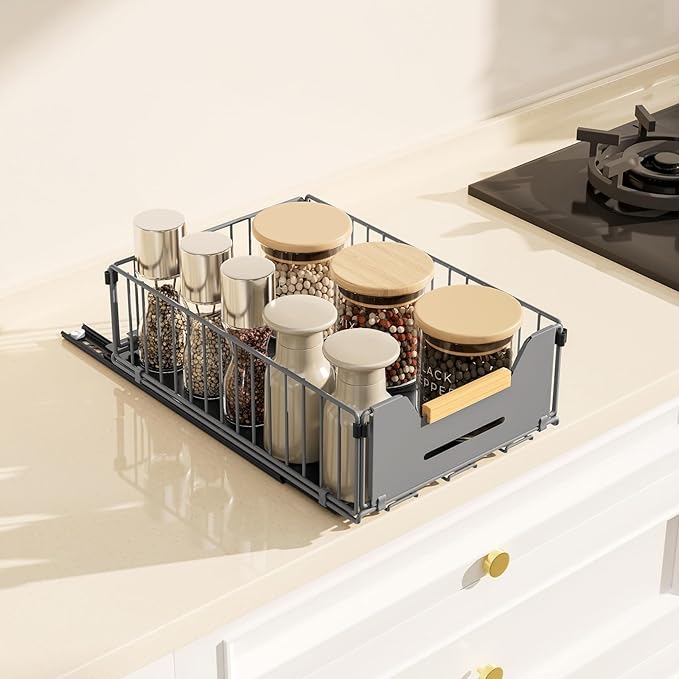 Pull Out Cabinet Organizer, Slide Out Drawers for Cabinets, Peel and Stick, Heavy Duty Shelves for Kitchen, Cupboard, Pantry, Bathroom, Short - Gray