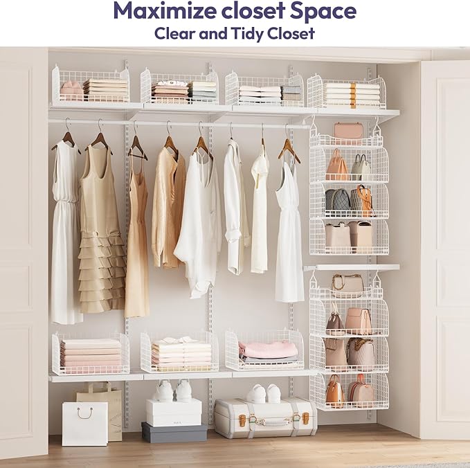 SWTYMIKI Hanging Closet Organizer Storage - 4 Tier Metal Stackable Hanging Closet Shelves with Dividers and S Hooks, Foldable Clothes Shelves for Clothes, Pants, Shoes, Coat, Hats Clutches Accessories