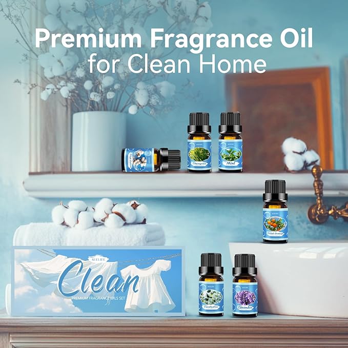 Clean Essential Oils Set for Diffuser & Candle Making | 6 Pack Premium Aromatherapy Oils Gift Set - Lavender, Eucalyptus, Mint, Sweet Orange, Lemongrass, Clean Cotton for Home