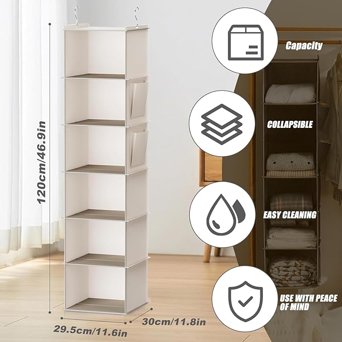 2 Pack 6-Shelf Hanging Closet Storage,Strong Frame Beige Closet Organizer with Side Pockets for Clothes and Accessories, Closet Organizers and Storage Solution, Send Goods from Local Warehouse