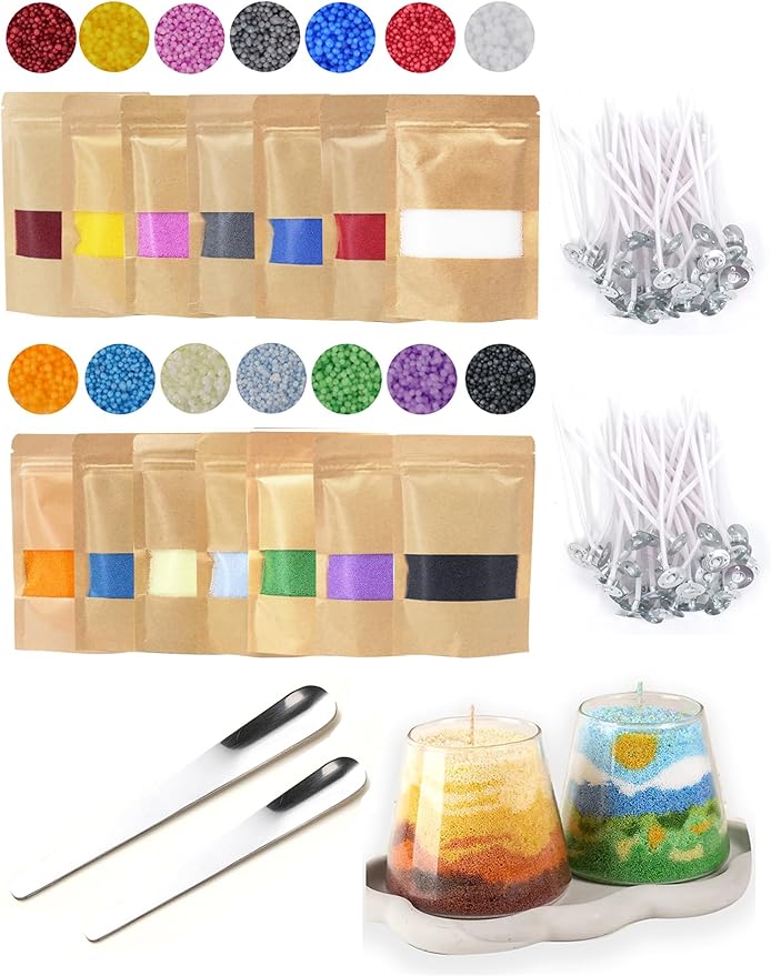 Monivi Candle Sand with Wicks 14 Colors Sand Wax Pearled Candle Wax Beads (1.76oz Each Color, 1.5lb/24.7oz Total up to 120Hours) Refillable Candle Making Kit Mothers Day Gift (Unscented)