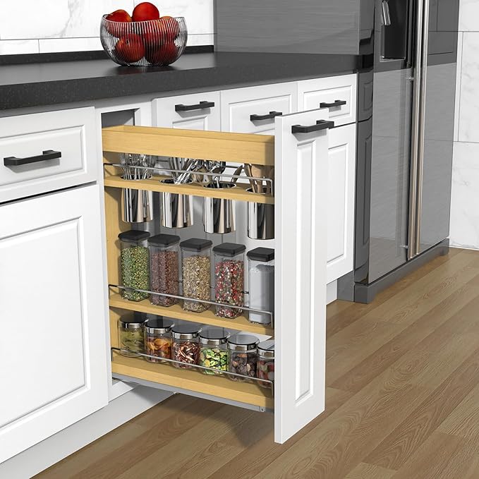 Pull Out Cabinet Organizer 5" Soft-Close Wood Pullout Shelf Organizer for Utilities Kitchen and Bathroom Base Cabinets, Slide Out Spice Rack